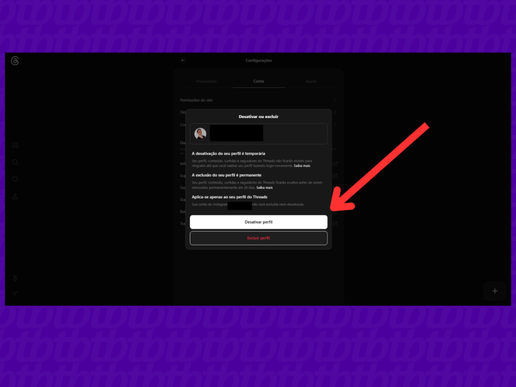 Captura de tela do botão de excluir o perfil do Threads através do PC.