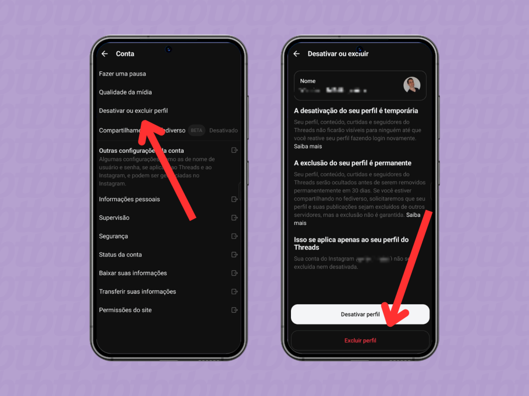 Capturas de tela mostrando como excluir o perfil do Threads utilizando o celular.
