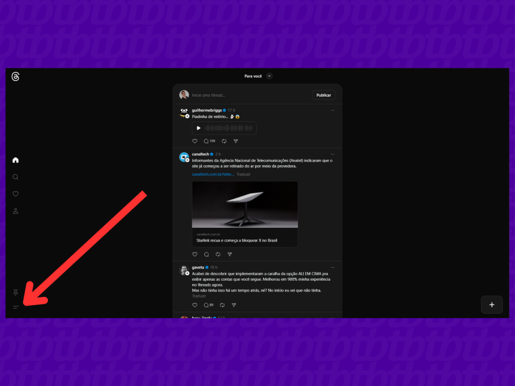 Captura de tela mostrando como acessar o menu de configurações no app Threads para PC.