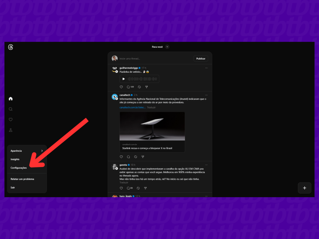 Captura de tela mostrando o botão "Configurações" do app Threads para PC.