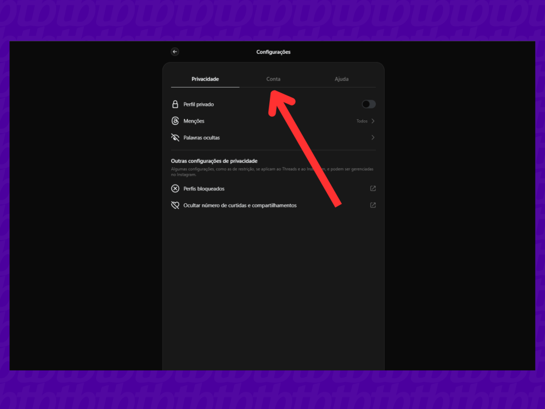Captura de tela da aba "Conta" do app Threads para PC para realizar ajustes.