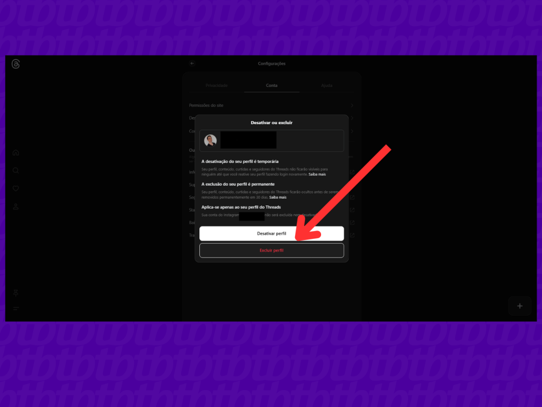 Captura de tela do botão de excluir o perfil do Threads através do PC.