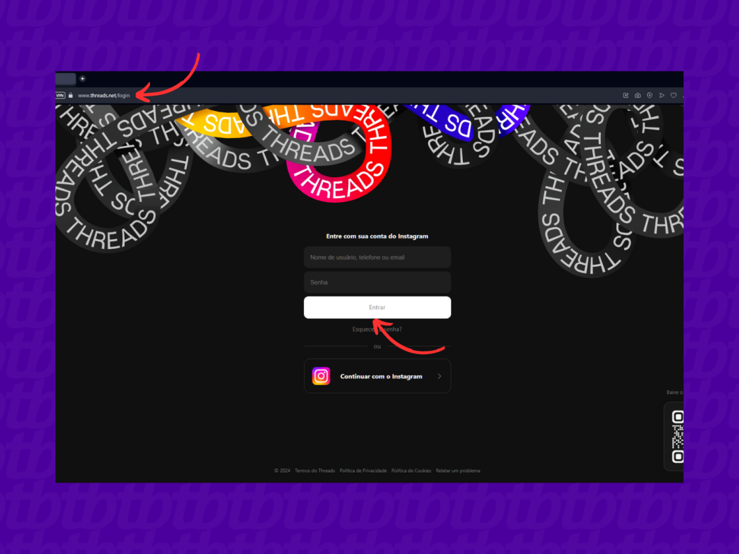 Fazendo login no Threads com uma conta do Instagram pelo PC
