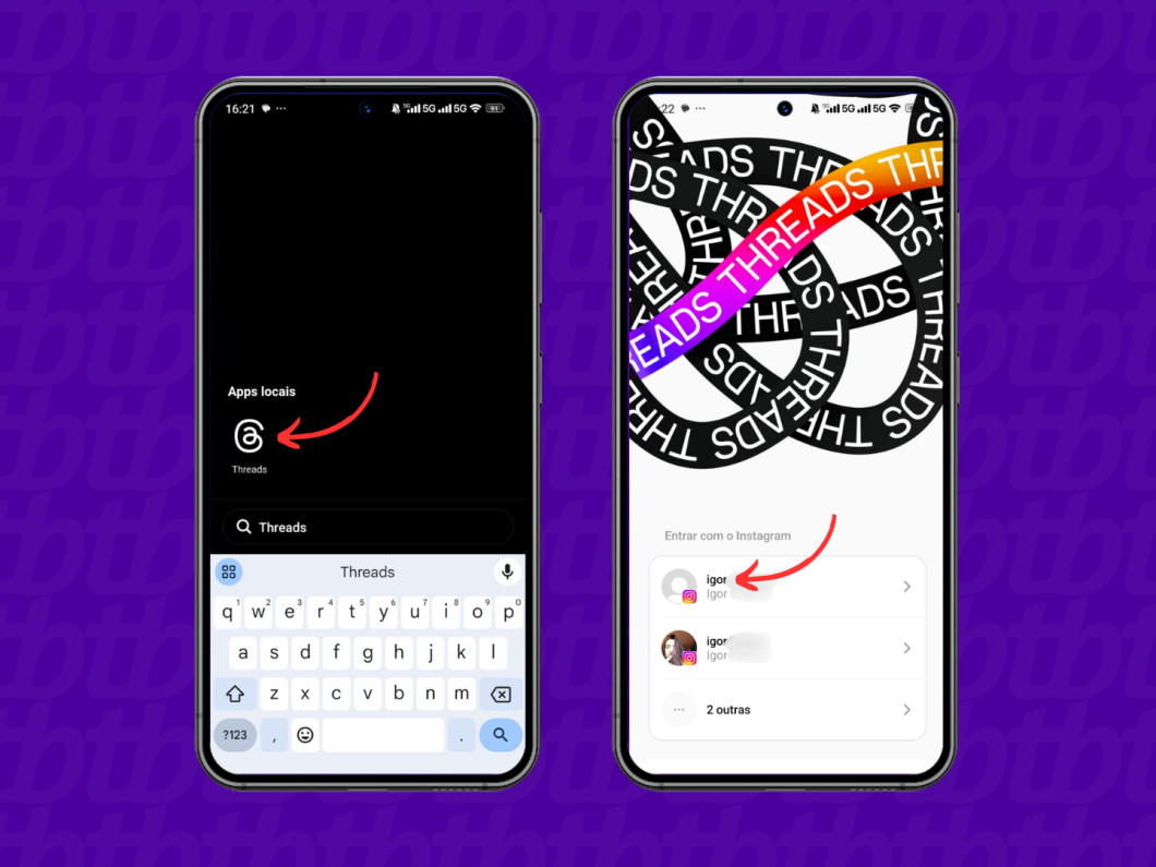 Fazendo login no Threads pelo celular com um perfil do Instagram