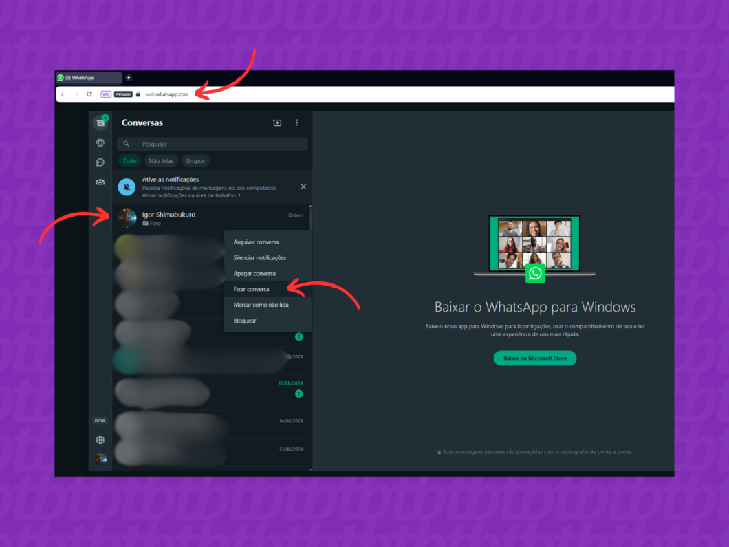 Fixando uma conversa do WhatsApp pelo PC