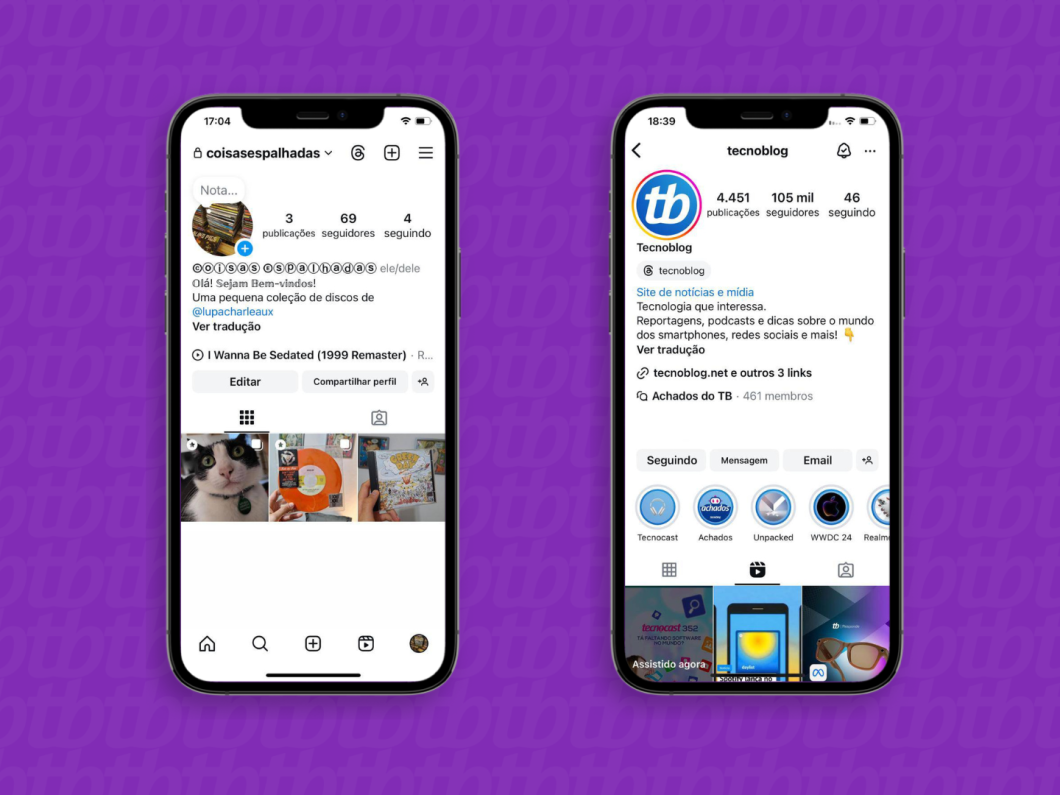 Captura de tela do Instagram mostra a diferença entre acessar o próprio perfil e de outra pessoa