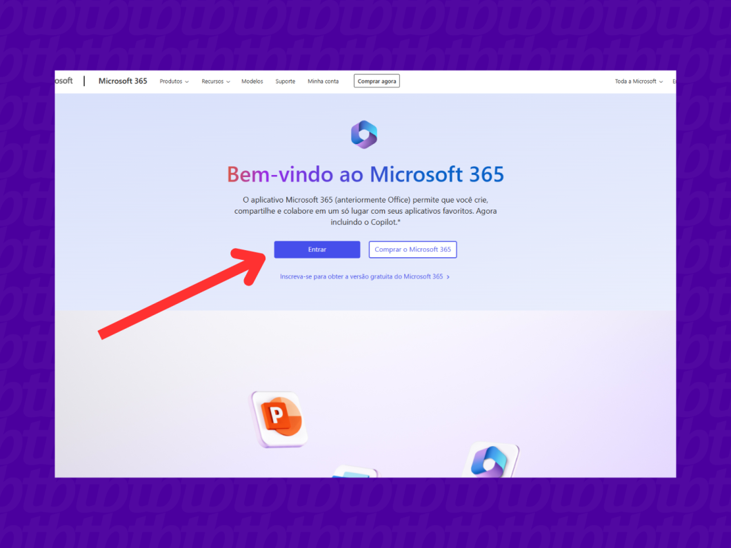 Captura de tela com a página inicial para entrar no Microsoft 365 versão web.