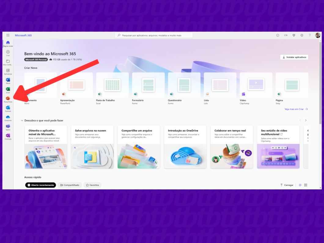 Captura de tela da página inicial do Microsoft 365 para web mostrando onde acessar a versão online do PowerPoint.