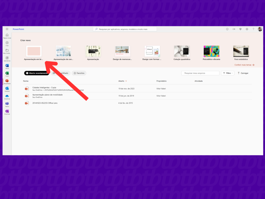 Captura de tela mostrando onde clicar para criar um novo documento no aplicativo PowerPoint para web.