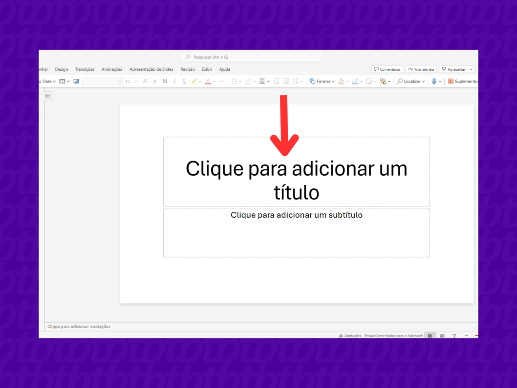 Captura de tela mostrando onde clicar para adicionar um texto ao título de um documento no PowerPoint para web.