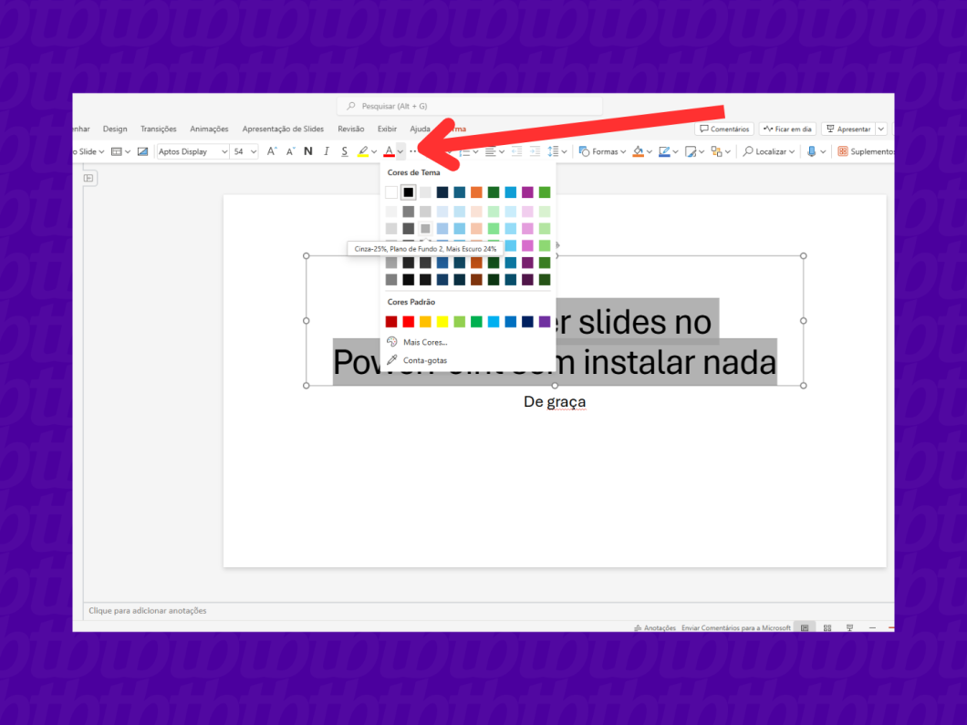 Captura de tela mostrando como mudar a cor da letra no PowerPoint para web.