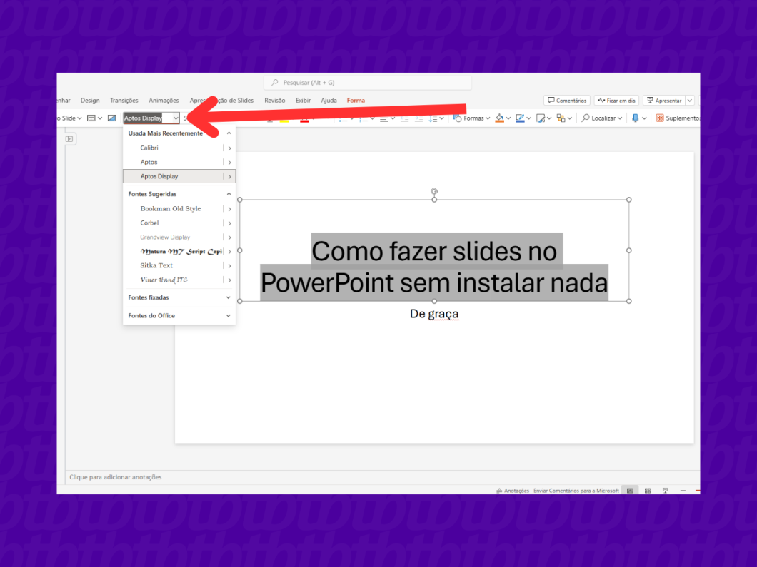 Captura de tela mostrando como alterar a fonte do texto no PowerPoint para Web.