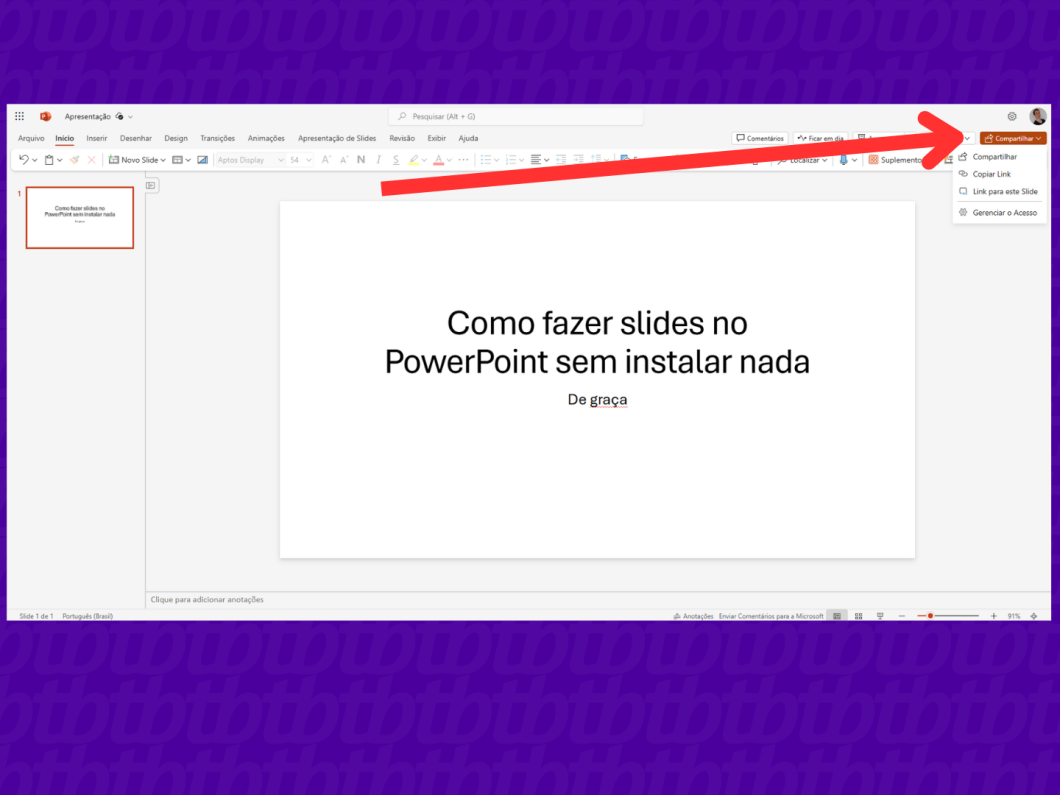 Captura de tela mostrando o botão compartilhar do aplicativo PowerPoint para Web.