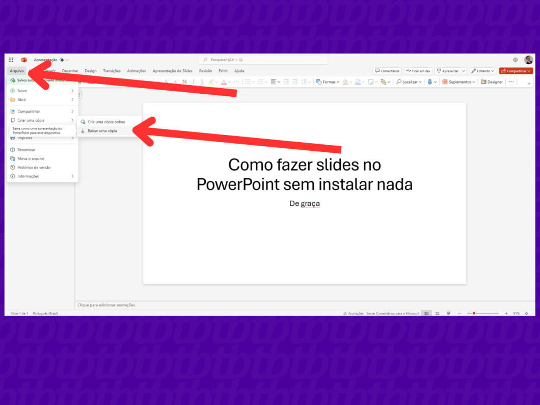 Captura de tela mostrando onde acessa a opção de download do documento no aplicativo PowerPoint para Web.