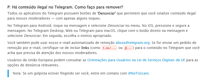 FAQ do Telegram agora explica aos usuários como denunciar conteúdo ilegal na plataforma (Imagem: Reprodução/Tecnoblog)