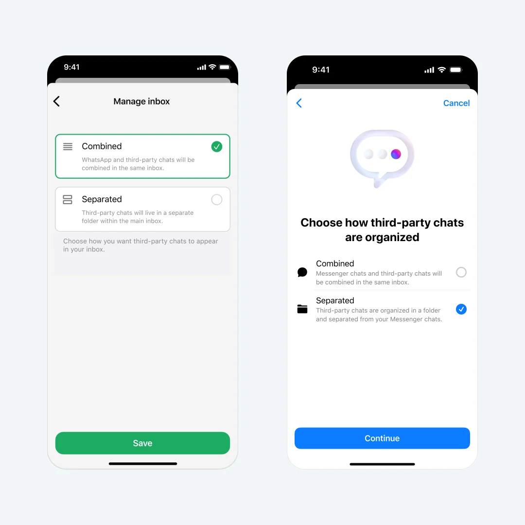 Telas de WhatsApp e Messenger mostrando opções para integrar ou separar conversas de outros apps