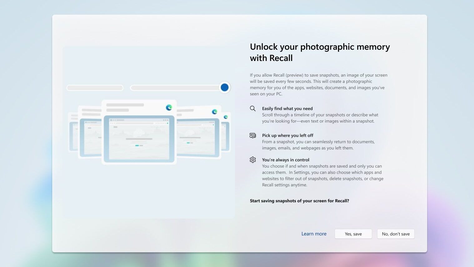Tela de introdução ao Windows Recall, com as opções de salvar ou não salvar informações