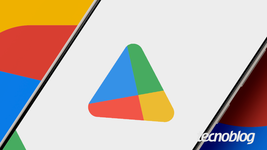 Fundo com as cores do Google nas laterais, branco no centro e um smartphone exibindo o logo da Play Store.