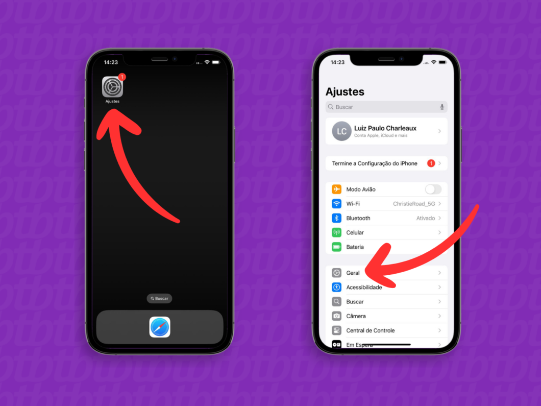 Captura de tela do iPhone mostra como abrir o app Ajustes e o menu "Geral"