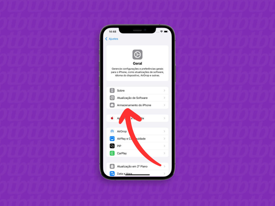 Captura de tela do iPhone mostra como abrir o menu "Armazenamento do iPhone"