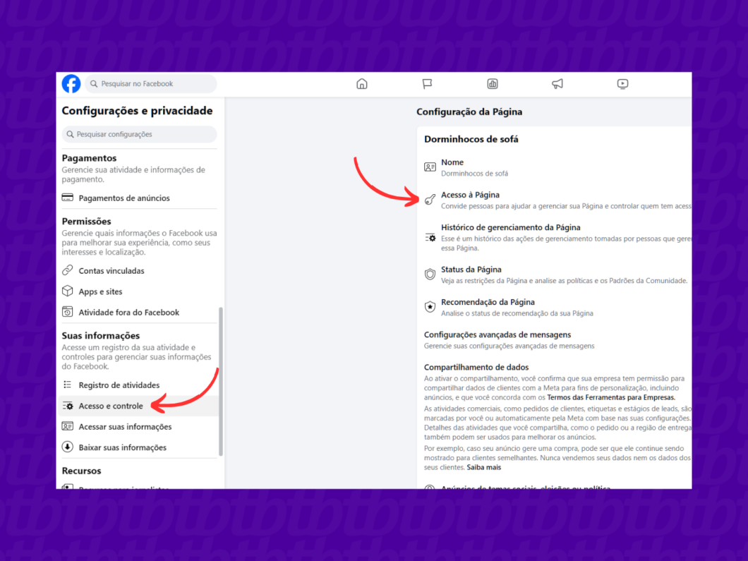 Acessando a guia "Acesso e controle" do Facebook