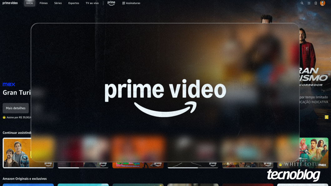 Logo do Prime Video ao centro, com fundo translúcido ocultando parcialmente o fundo, que é a página inicial do Prime Video