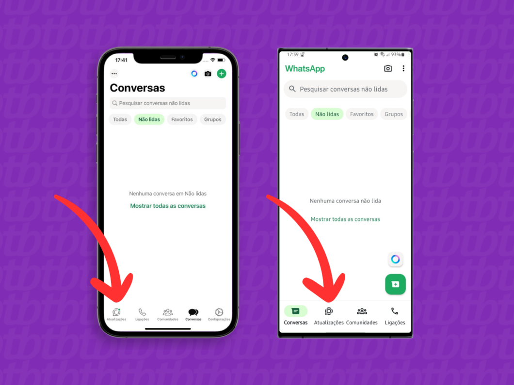 Captura de tela do aplicativo WhatsApp no iPhone e Android mostra como abrir a aba Atualizações