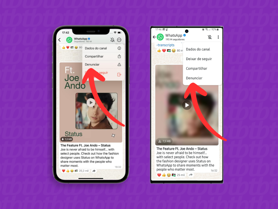 Captura de tela do aplicativo WhatsApp no iPhone e Android mostra como acessar a opção Denunciar Canal