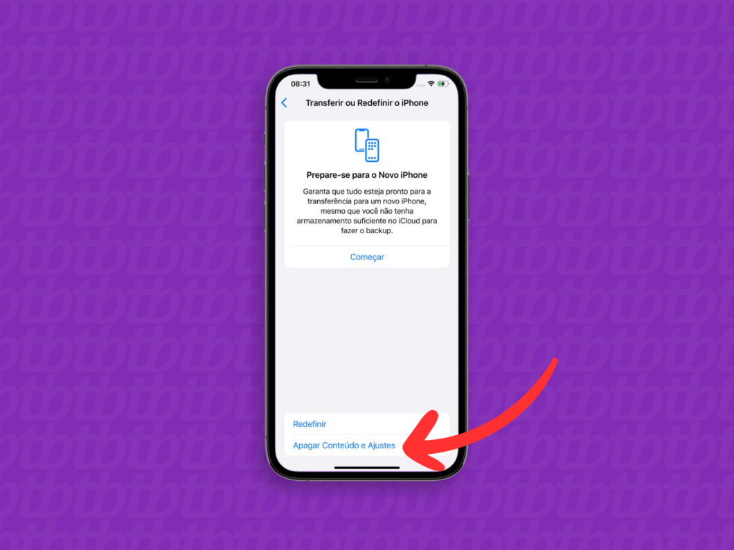 Captura de tela do iPhone mostra como acessar a opção Apagar Conteúdo e Ajustes