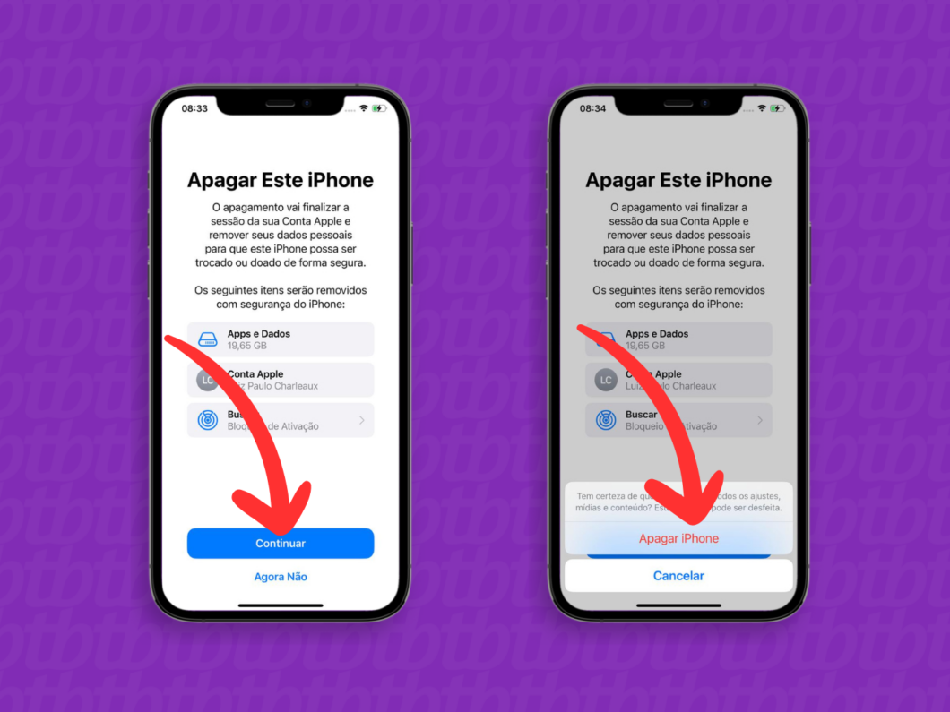 Captura de tela do iPhone mostra como acessar a opção Apagar iPhone