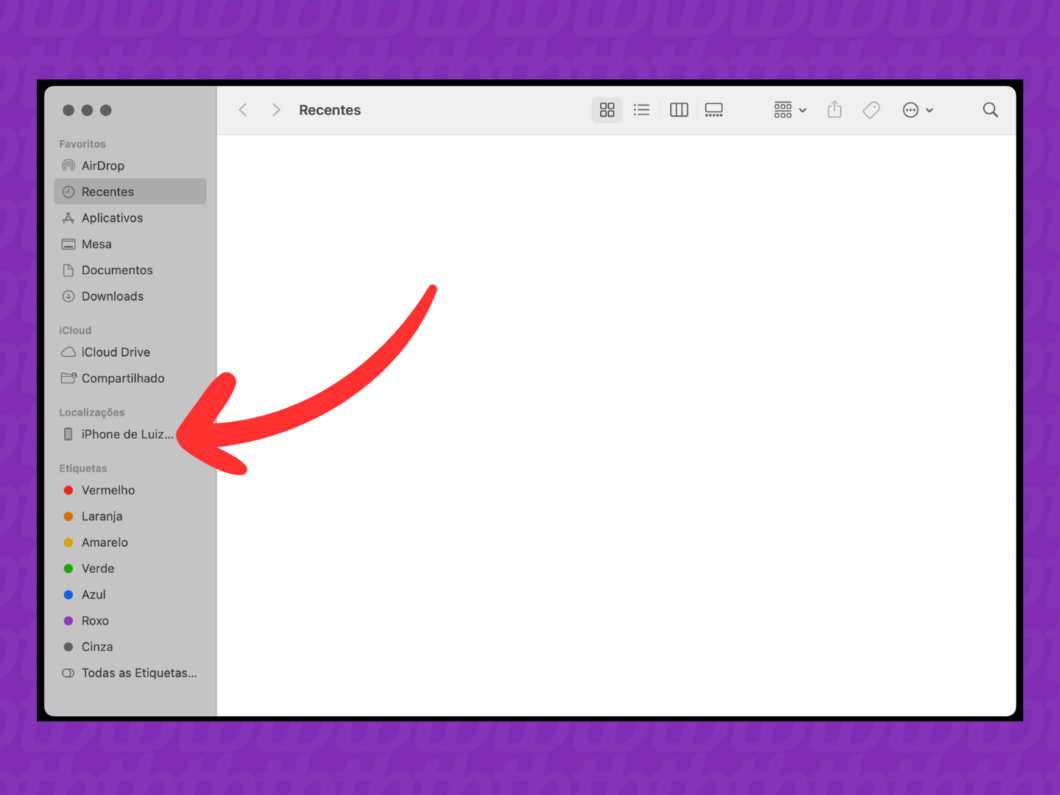 Captura de tela do Finder mostra como abrir o iPhone