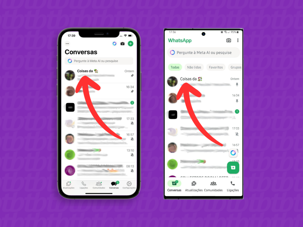 Captura de tela do aplicativo WhatsApp no iPhone e no Android mostra como acessar um grupo