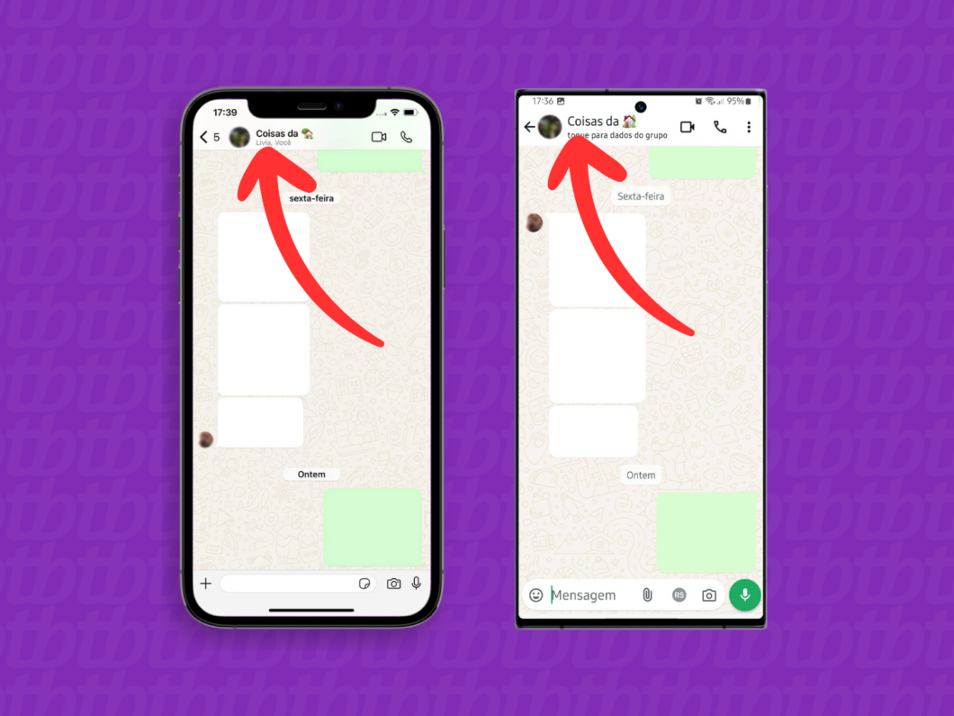 Captura de tela do aplicativo WhatsApp no iPhone e no Android mostra como acessar o menu Dados do grupo