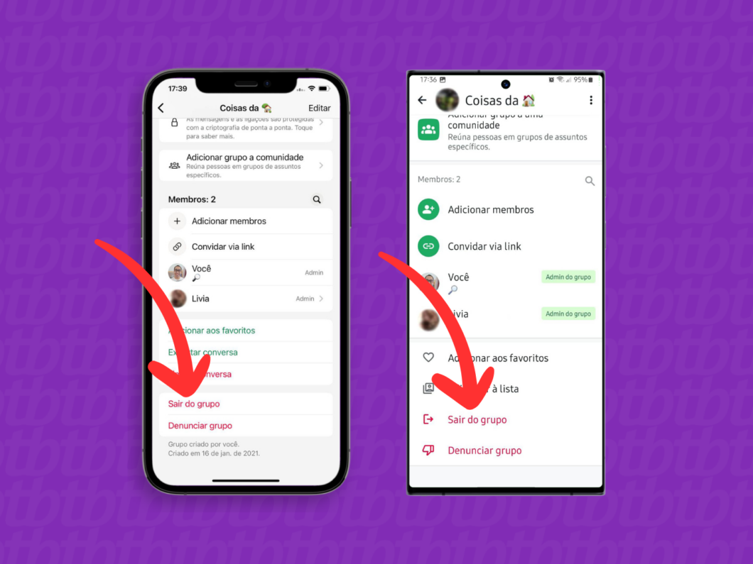 Captura de tela do aplicativo WhatsApp no iPhone e no Android mostra como abrir a opção "Sair do grupo"