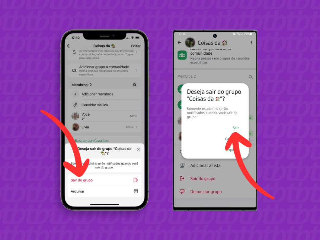 Captura de tela do aplicativo WhatsApp no iPhone e no Android mostra como confirmar a saída do grupo