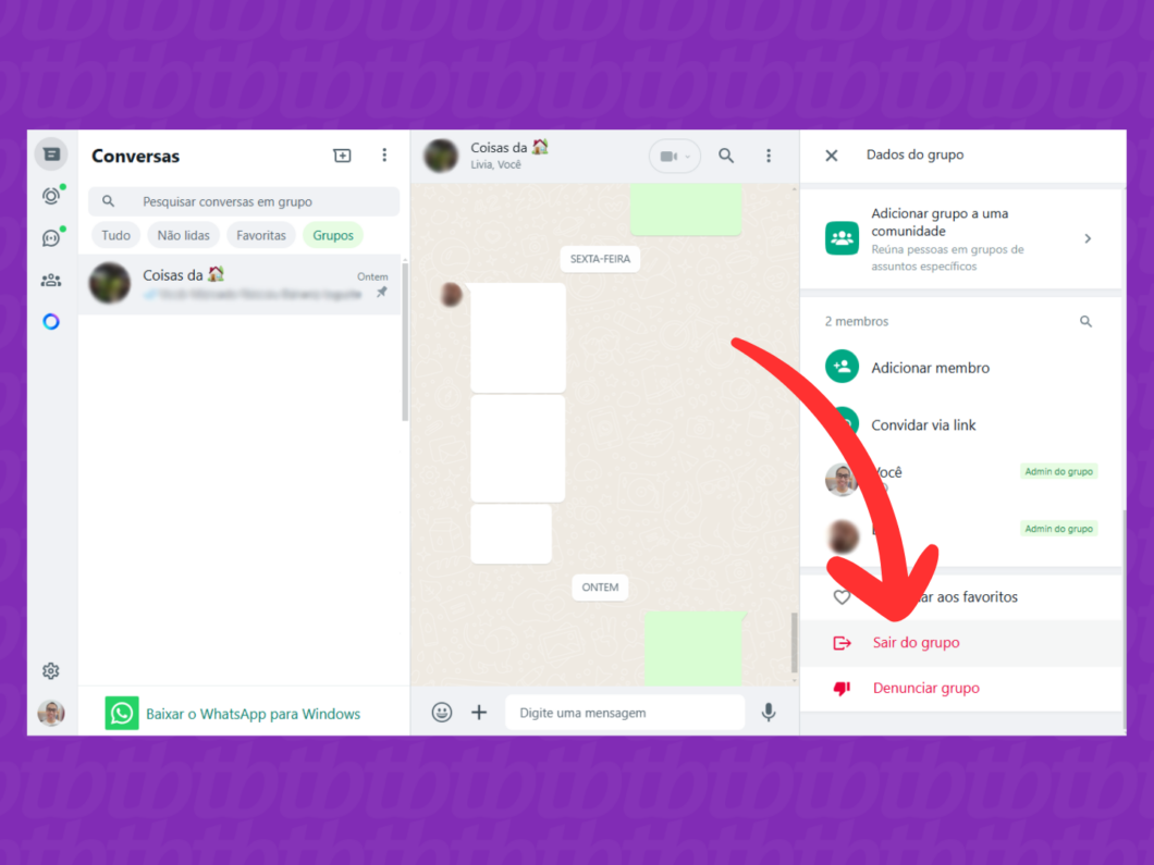Captura de tela do site WhatsApp Web mostra como selecionar a opção Sair do grupo