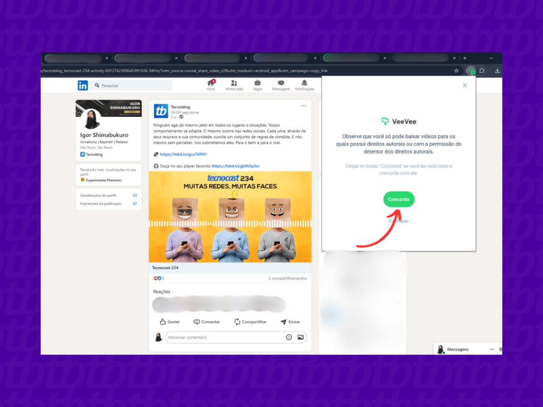 Confirmando a autorização para baixar o vídeo do LinkedIn