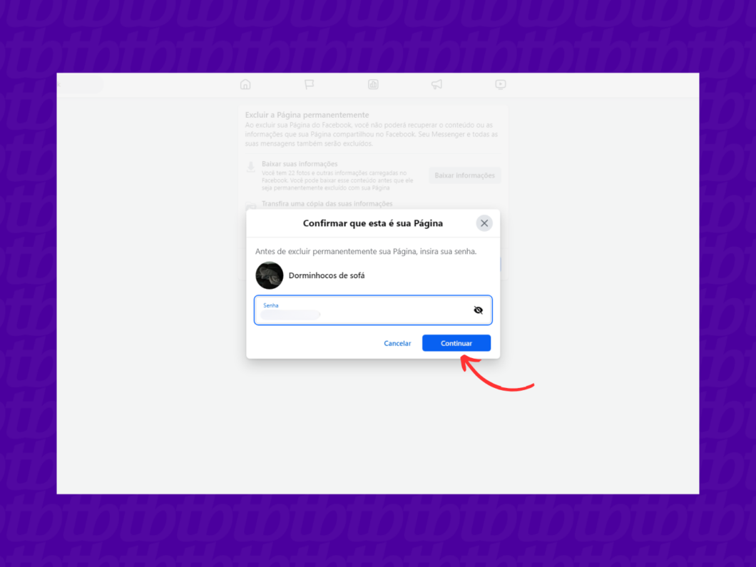 Confirmando a exclusão da página do Facebook pelo PC