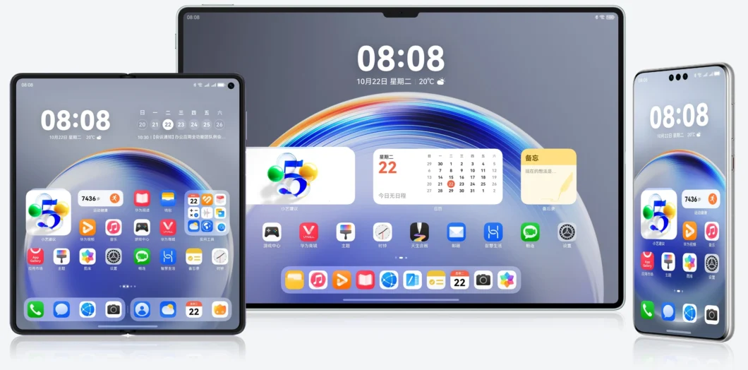 Smartphone, dobrável e tablet mostrando tela inicial do HarmonyOS Next