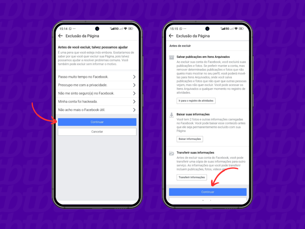 Prosseguindo com a exclusão da página do Facebook pelo celular