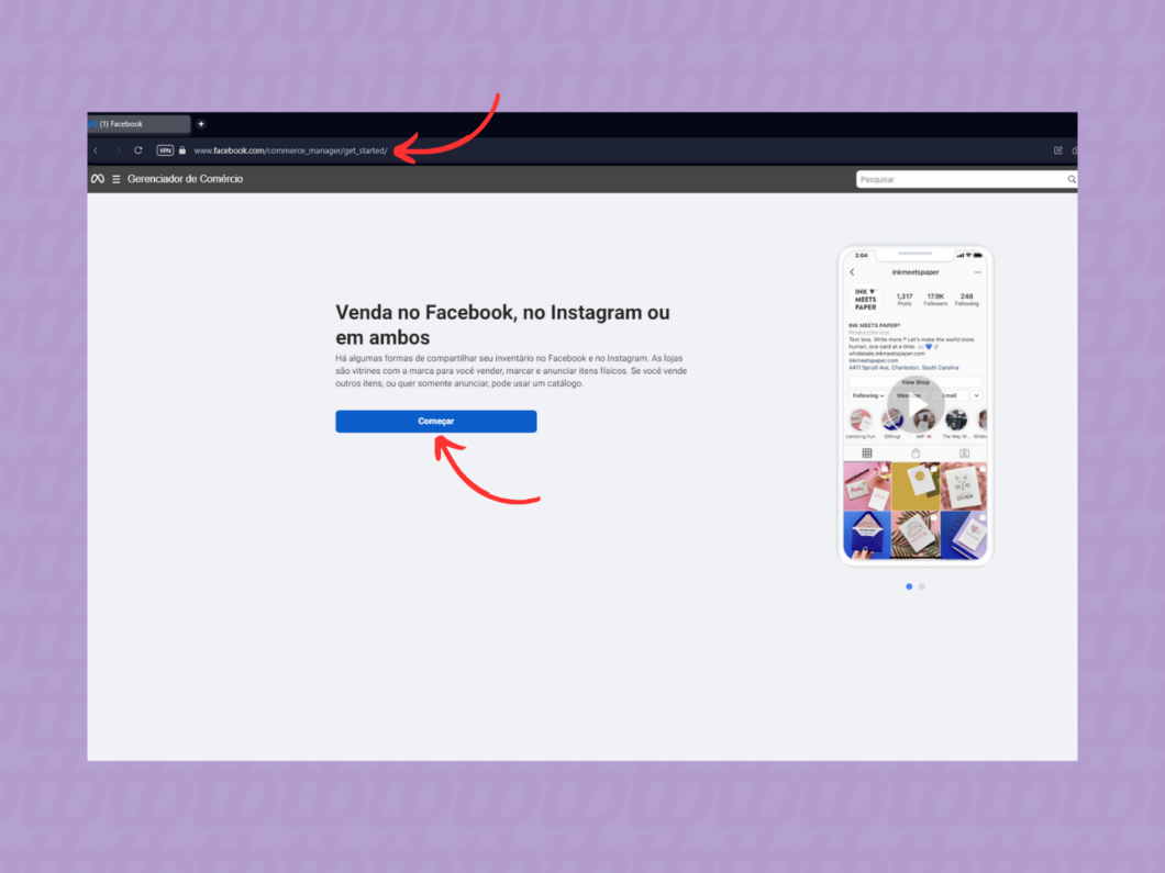 Acessando o gerenciador de comércio do Facebook