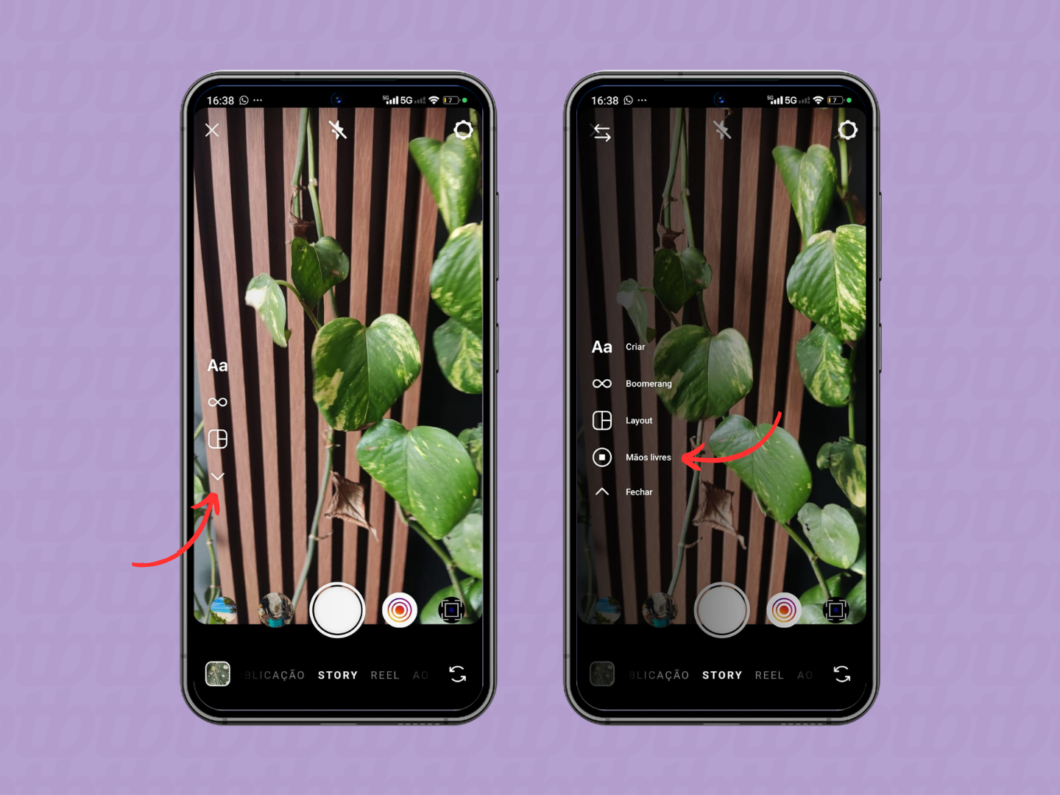 Ativando o recurso "Mãos livres" no Story do Instagram