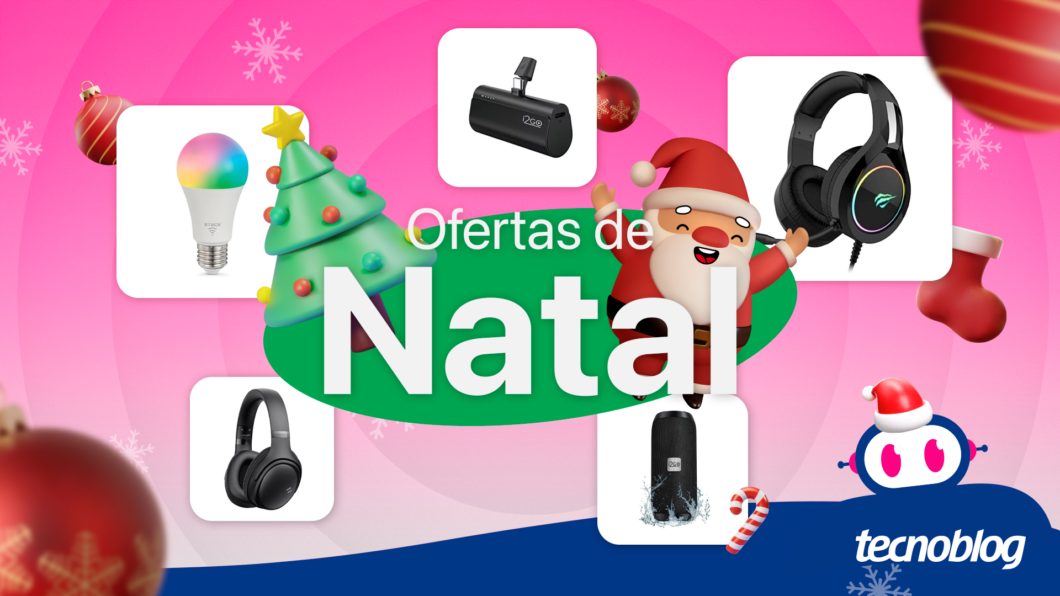 Diversos produtos estão ao redor do texto "Ofertas de Natal". A ilustração inclui um Papai Noel e uma árvore de Natal, entre outras figuras temáticas de Natal.