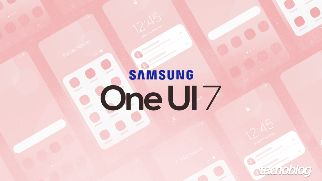 Ilustração contendo smartphones e logo da Samsung One UI 7