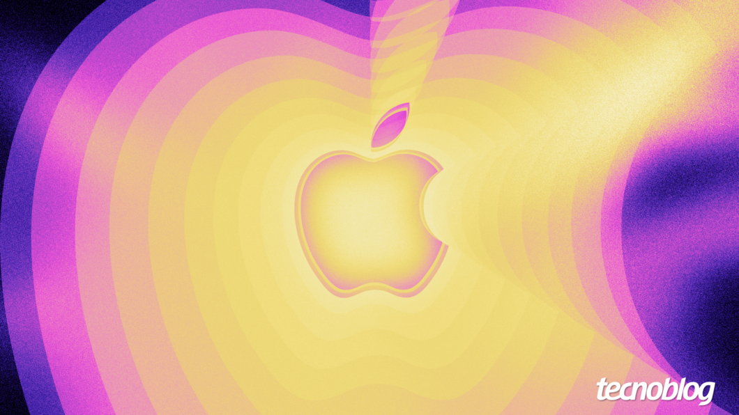 Logo da Apple no centro, expandindo na direção do leitor, num fundo amarelo, rosa e violeta escuro.