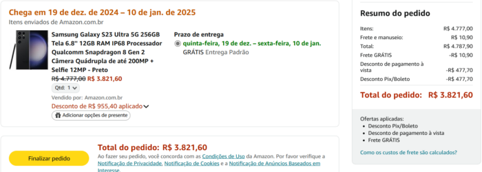 Finalização da compra do Galaxy S23 Ultra (Imagem: Reprodução/Amazon)