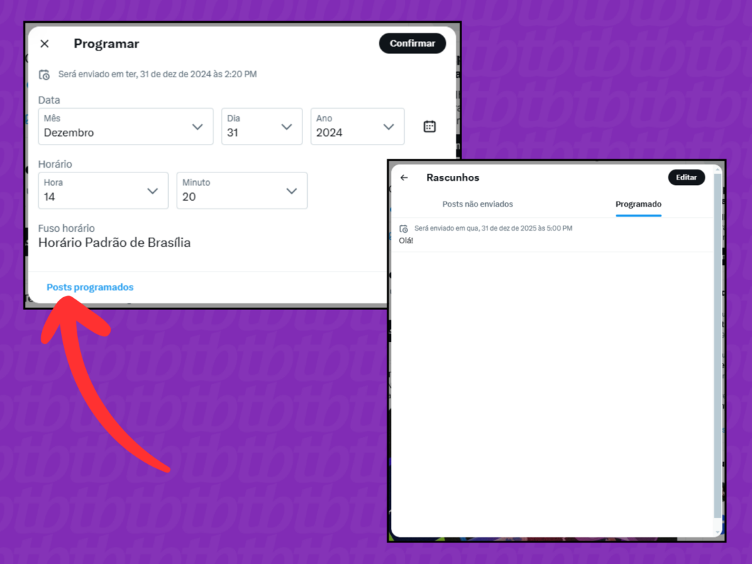 Captura de tela do site X (Twitter) mostra como acessar o menu "Posts programados"