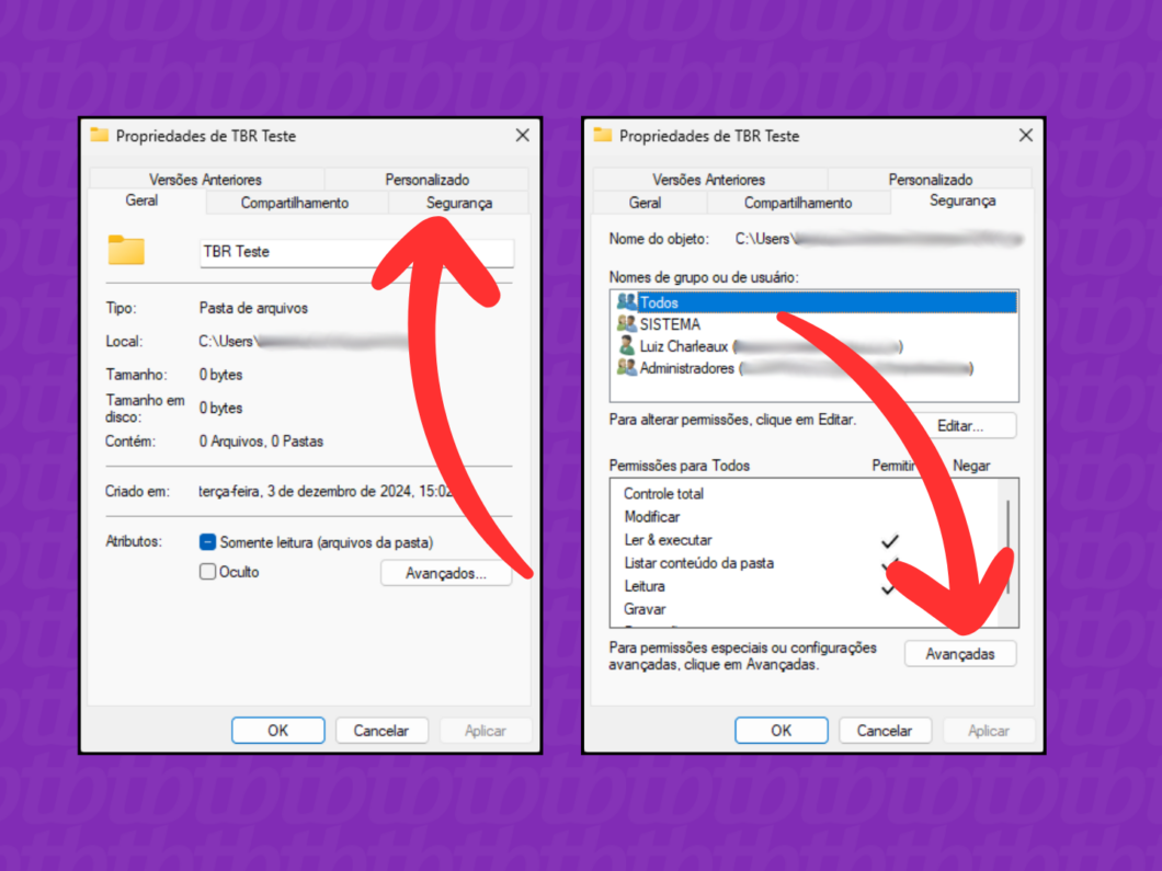 Acessando as opções "Avançadas" de permissão da pasta