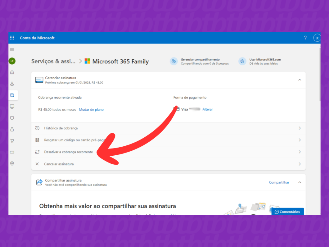 Captura de tela do site Microsoft mostra acessar o menu Desativar a cobrança recorrente