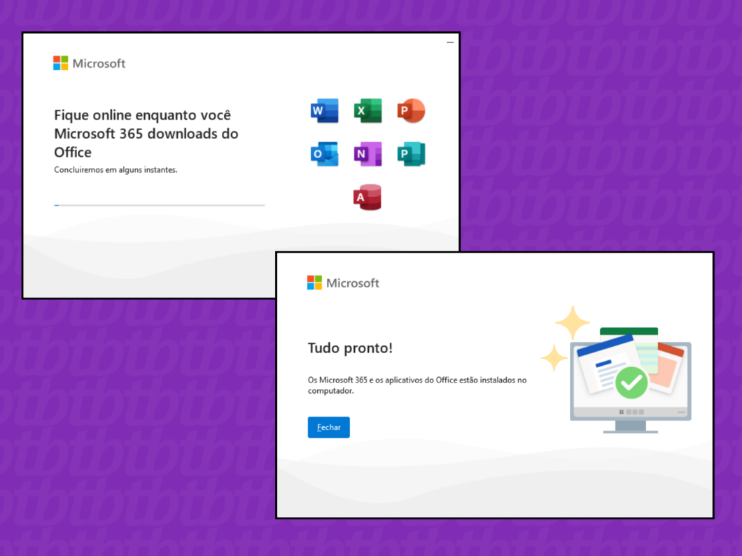 Captura de tela do site Microsoft mostra a instalação e conclusão do Microsoft 365
